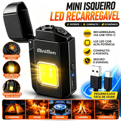 Mini Isqueiro Elétrico Recarregável USB Tipo C com Lanterna LED COB Acendimento Eletrônico Sem Gás Portátil para Camping Velas Churrasco e Fogão
