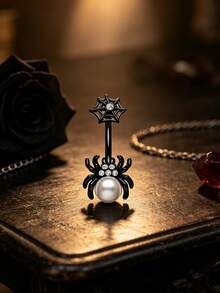 1pc Stainless Steel Dark Series Spider Belly Button Ring Piercing Jewelry Suitable For Daily Wear - Black - View 2