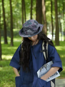 Topi Bucket Ringan Cepat Kering Motif Kamuflase Patchwork, Topi Pelindung Matahari Bernapas untuk Aktivitas Luar Ruangan Mendaki, Memancing, Unisex Musim Panas - tali lanyard kamuflase - View 4