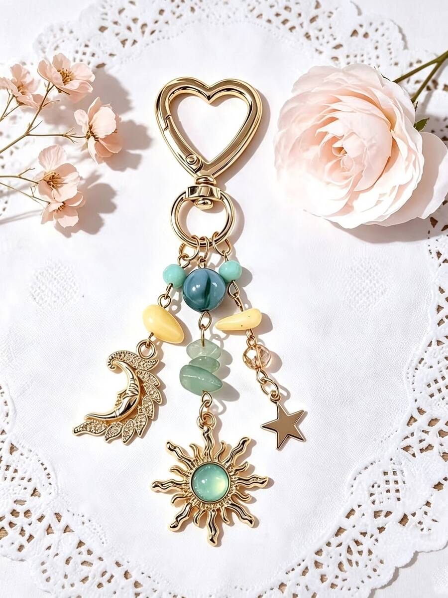Bohemian Style Sun Moon Heart Keychain With Sparkling Stone Decoration, High-End Celestial Fashion Accessory Gift, Suitable For Daily Wear (Random Color And Style) - Multicolor - View 1