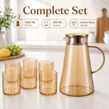 Amber Glass Beverage Jug Set, 1 Pitcher With Lid And 6 Drinking Cups For Kitchen, Dining Room And Home Use - Clear - View 4