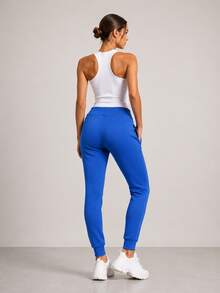 Sweatpants, Elastic Waistband With Drawstrings, Mid-Rise, 2 Pockets, Tapered Legs With Drawstrings, Basic - Medium Wash - View 2