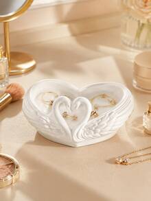 Heart-Shaped Double Swan Jewelry Tray, White Swan Shaped Storage Tray, Embossed Wing Design Jewelry Organizer, INS Style Pure White Desktop Organizer, Entryway Key Storage Tray, Vanity Earring Necklace Storage Rack, Romantic Wedding Decor Ornament, Jewelry Key Desktop Storage Box, Entryway Bedroom Decor Ornament - Multicolor - View 2