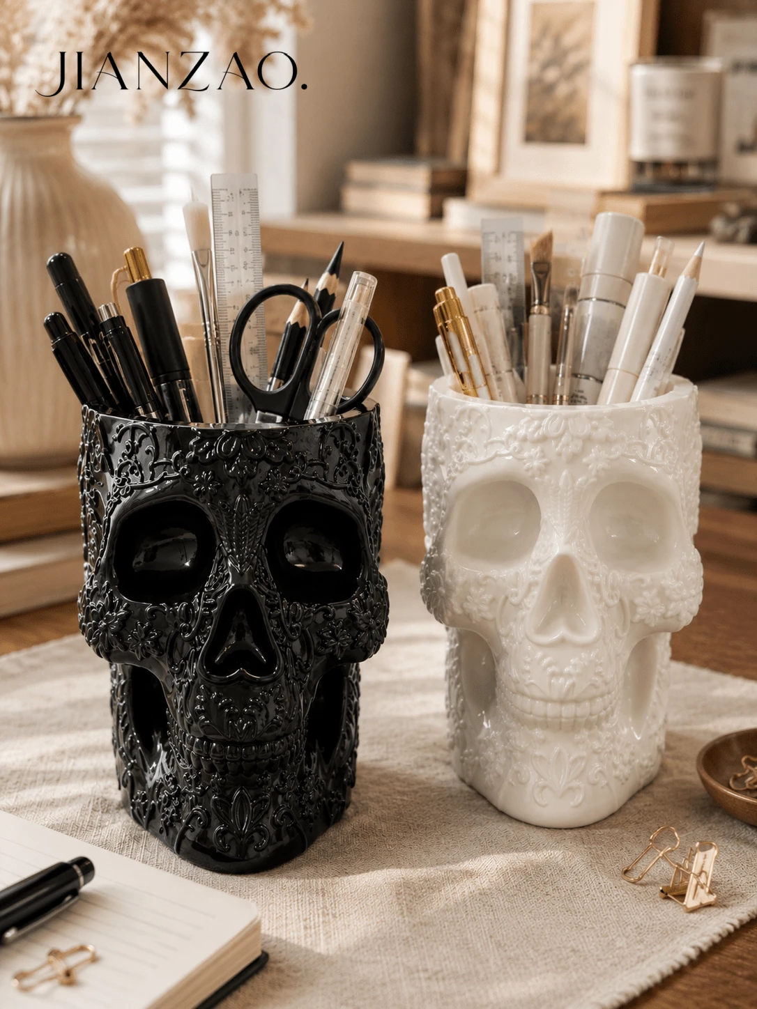 1pc/2pcs Gothic Floral Carved Skull Pen Holder, Large Capacity Desktop Pencil Organizer, Black White Multi‑Functional Makeup Brush Storage Pot, Skull Vase, Halloween Gothic Home Office Table Decor - Gothic Skull Pen Holder - View 1
