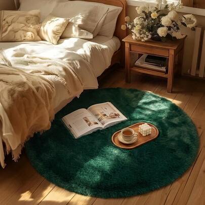 1pc Dark Green Plush Round Decorative Rug, Ins Style Floor Mat, Comfortable Skin-Friendly Bedside Foot Mat, Party Decoration, Winter Theme, Home Decor, Bedroom Decor, Small Rug, Bathroom Mat, Carpet, Home Decor, Living Room Rug, Washable Rug, Plush Rug, Fuzzy Rug, Autumn/Winter Rug, Thick/Plush