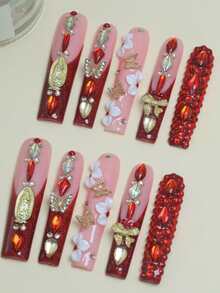 CrystalHola 10 Pcs Handmade Wearable False Nails, Long Ballet, 3D Rhinestones, French Tip Nails. Fully Covered And Reusable, Suitable For Parties, Music Festivals, And Other Events, It Is The First Choice For Girls And Women To Give Gifts, Christmas Nails. - Multicolor - View 14