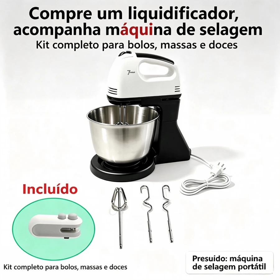 Batedeira elétrica multifuncional de 100 W, 110 V, para amassar e bater ingredientes, ideal para cozinha, confeitaria e para bater ovos | Inclui seladora e máquina para conservar alimentos