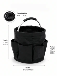 1pc Rustic Solid Color Gardening Tool Storage Bag, Round Bucket Shape With 6 Side Pockets And Thickened Metal Handle, Foldable Oxford Cloth Organizer, Large Capacity Home & Garden Storage Bag - A - View 17