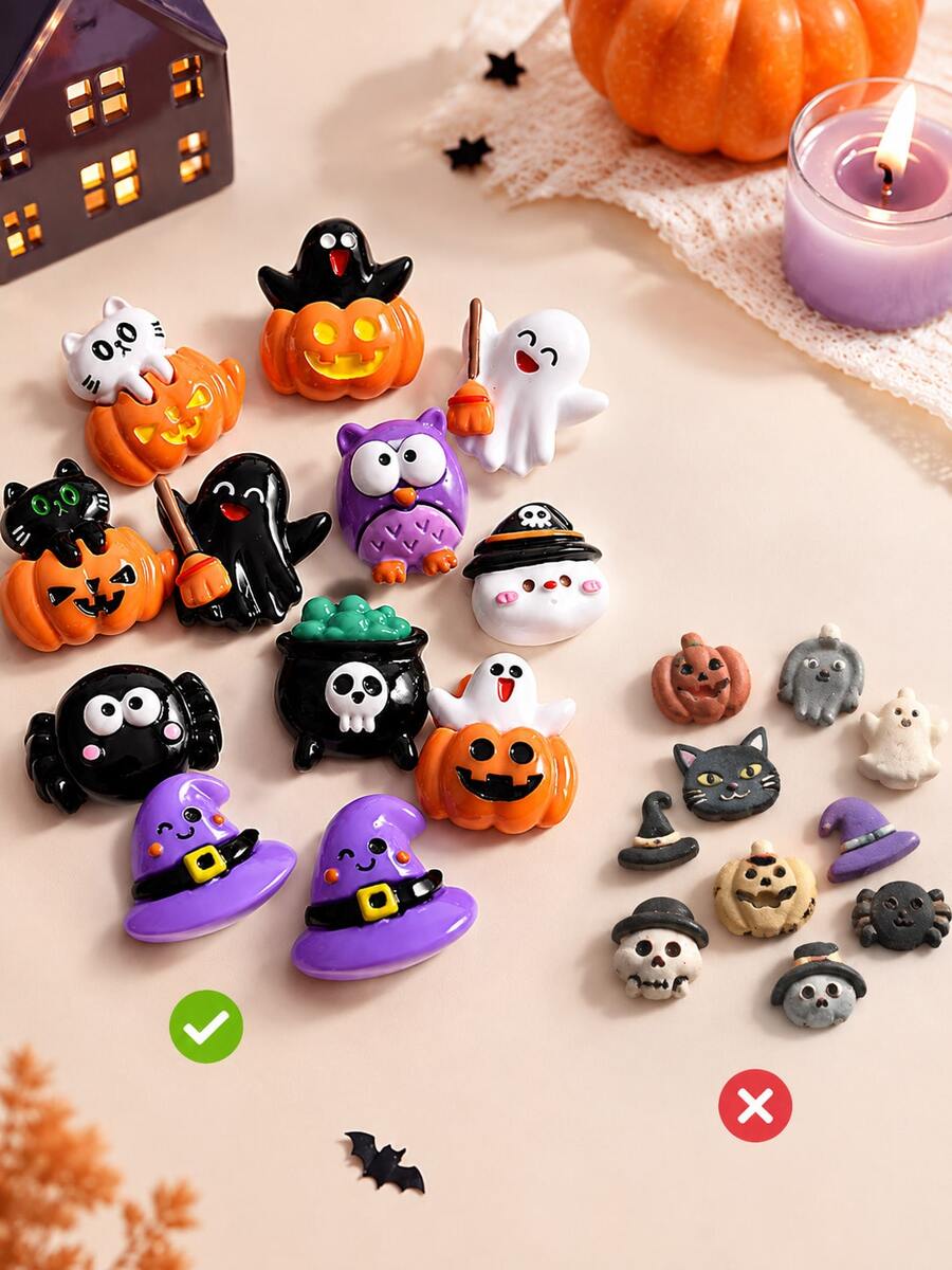10pcs Random Style Halloween Theme Cute Resin Charms - 3D Glossy Flat Back Design, Including Ghost, Bat, Magic Hat, Owl, Pumpkin, Cat And Other Elements, Suitable For Phone Case Decoration, Scrapbooking And Other Creative Projects - A - View 1