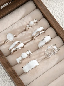 8pcs Fashion Old Money Style Star Moon Sun Oil Drop Rings Set, Asymmetrical Exaggerated Geometric Pattern Stackable Accessories Jewelry For Women, Daily Wear, Dating, Party, Versatile Matching, Perfect Gift For Birthday, Female Friends, Halloween, Christmas - Drip Oil Ring Set - View 11