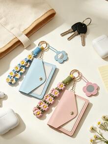 Bohemian Style Woven Floral Wristlet Keychain Wallet For Women, Portable ID Card Holder Mini Pocket Bag With Small Mirror, Suitable For Concerts, Travel, Daily Carry - Multicolor - View 9