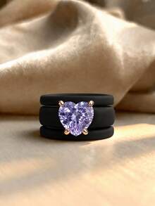 3PCS Stacked Black Silicone Ring Set, Cut With Purple Heart-Shaped Zirconia, Suitable For Daily Wear, Girlfriends, Couples, Weddings, Valentine's Day - Black Silicone - Purple Heart - View 6
