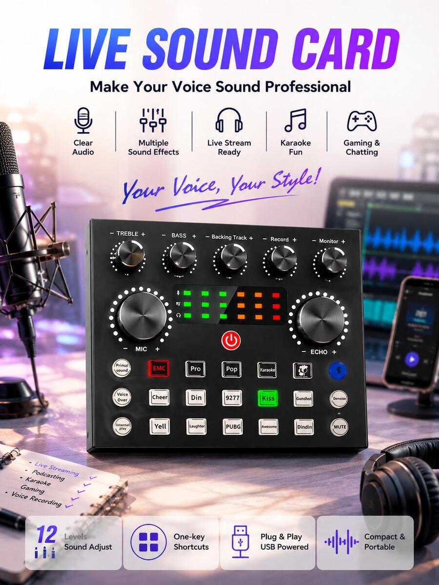 Kartu Suara Streaming Langsung Eksternal USB, Mendukung Pengurangan Kebisingan DSP dan Papan Efek Suara, Cocok untuk Produksi Podcast, Peralatan Studio Rekaman, Bernyanyi, Antarmuka Audio Streaming Langsung untuk Game - MultiWarna - View 1
