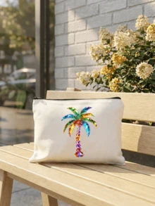 Colorful Rhinestone Palm Tree Print Cosmetic Bag, Zipper Portable Makeup Pouch, Multifunctional Travel Toiletry Organizer Coin Purse, Beach Vacation Accessory Gift For Women - Multicolor - View 15