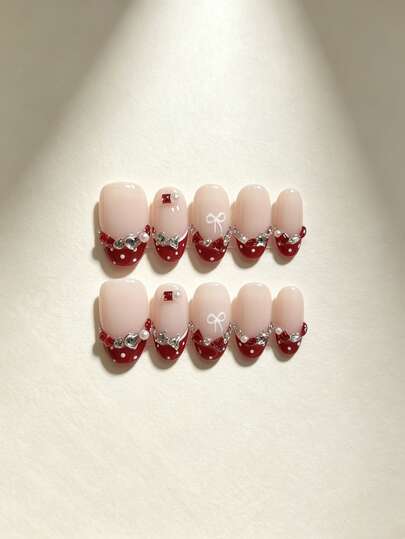 10pcs Handmade Press-On Nails, Nude Almond Shape Fake Nails, Red Polka Dot French Tip 3D Bow Rhinestone Pearl Nail Tips, Glossy Reusable Artificial Nails, Suitable For Women Sweet Vintage Girl Style Holiday Nail Decoration