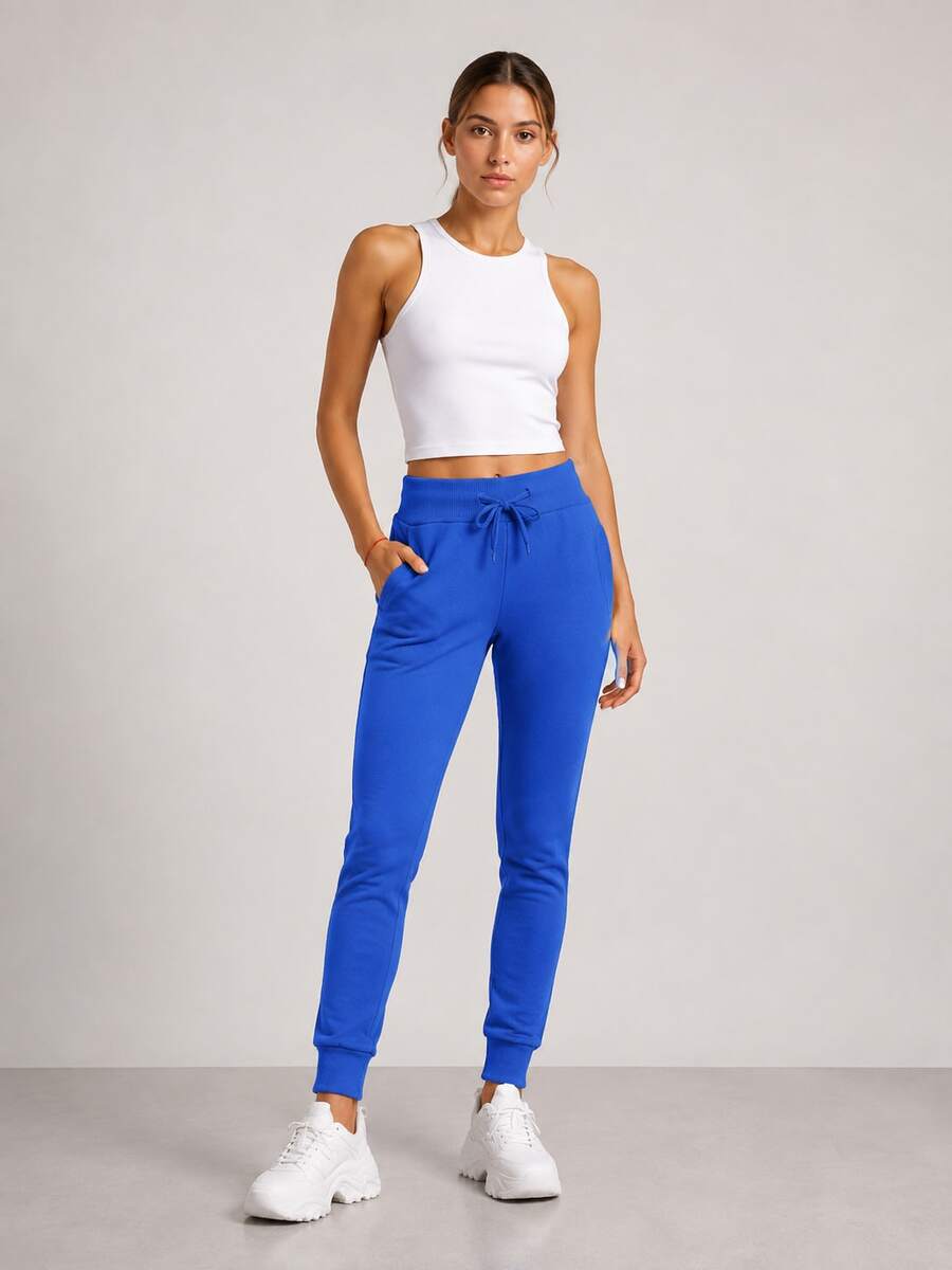 Sweatpants, Elastic Waistband With Drawstrings, Mid-Rise, 2 Pockets, Tapered Legs With Drawstrings, Basic - Medium Wash - View 1