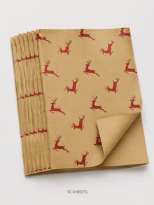 10pcs Christmas Wrapping Paper , Red Green Kraft Gift Wrap With Snowflake Tree And Reindeer Print, For Home Crafters And Gift Givers, Gift Box Packaging, Bow Making, Holiday Party And DIY Decor - Multicolor - View 11