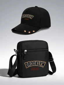 1件/2件裝「Brooklyn」字母圖案印花中性街頭時尚戶外運動棒球帽與斜跨包，可調節，送給自己或朋友的禮物 - 彩色 - 查看 1