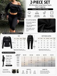 2pcs Women Sports & Casual Outfit, 3/4 Pants And Long Sleeve Top, Street Style For Summer And Autumn Black - Black - View 7