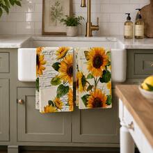 2pcs Sunflower Pattern Kitchen Towels, Country Rustic Style Dishcloths, Suitable For Home Kitchen Decor/Daily Home Cleaning/Farmhouse Style Restaurant Arrangement/Thanksgiving Celebration - Multicolor - View 5