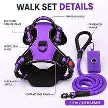 BVEOYPET 3pcs Adjustable Purple Dog Harness And 1.5m Leash Set, Black Mesh Puppy Essentials, Dog Accessories And Supplies, Suitable For Medium And Large Dogs Daily Walking - Multicolor - View 6