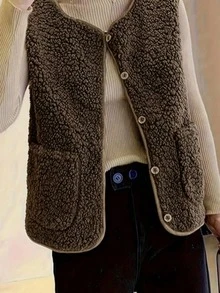 Women's Plus Size Corduroy Vest, Sleeveless, Round Neck, Brown, Regular Length, With Pockets And Buttons - Brown - View 6