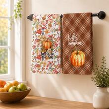 2pcs Pumpkin Maple Leaf Mushroom Plaid Print Kitchen Towels, Autumn Pastoral Style Hand Towels, Suitable For Thanksgiving, Autumn Kitchen Decor, Harvest Celebration, Farm Theme Decoration, Baking Cooking And Daily Home Use - Multicolor - View 5