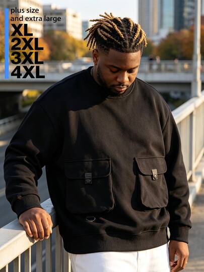 Plus Size Men's American Workwear Dual Pocket Crew Neck Sweatshirt, Solid Color Loose Casual Pullover Long Sleeve Top, Autumn/Winter