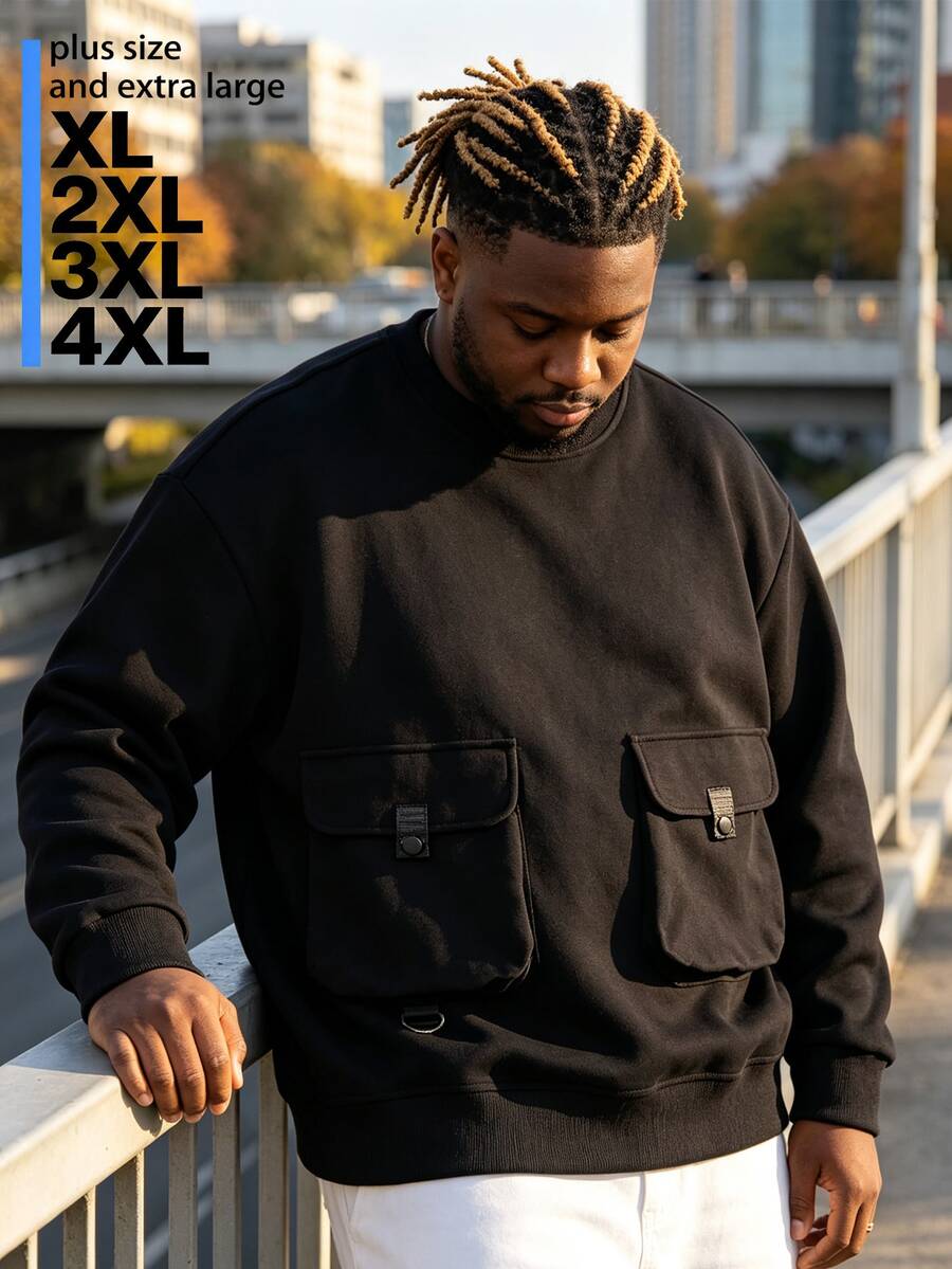 Sweatshirt Pria Gaya Workwear Amerika Kerah Bulat dengan Dua Saku, Pullover Lengan Panjang Longgar Kasual Warna Polos untuk Musim Gugur dan Dingin, Ukuran Tinggi