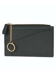 Women's Vintage Black Card Holder, Lychee PU Leather Wallet With Gold Keyring, Front Slots & Zipper Coin Pocket. Slim, Compact & Chic. Perfect Gift. - Black - View 10