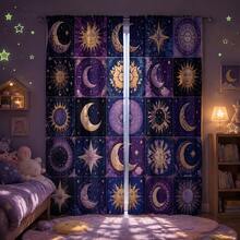 2pcs Bohemian Sun Moon Star Print Decorative Curtains, Rod Pocket Design, No Drilling Required, Easy Installation And Removable, Polyester Material, Suitable For Bedroom, Living Room And Home Decor - Multicolor - View 5