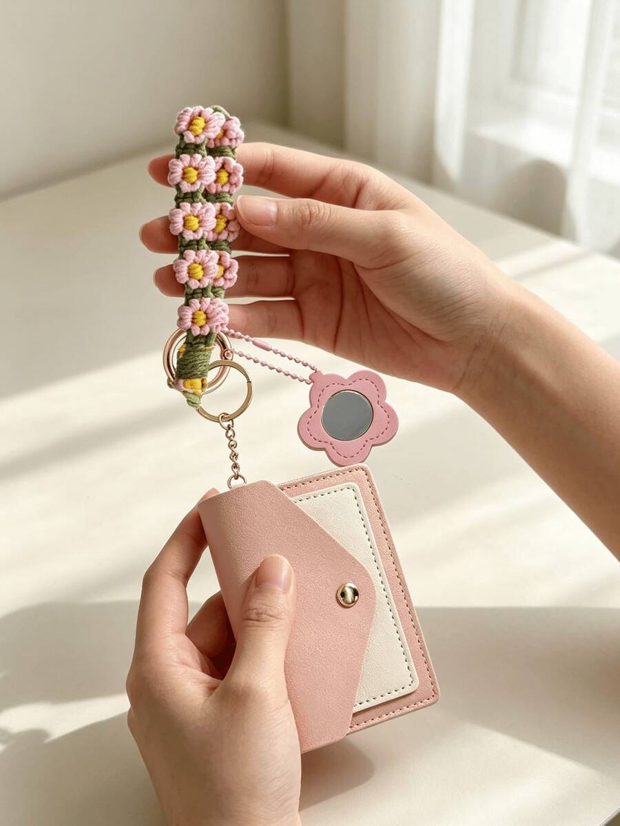 Boho Macrame Flower Wristlet Keychain Wallet For Women, Portable ID Card Holder Mini Pocket Purse With Small Mirror For Concerts Festival Travel Daily Carry - Multicolor - View 1