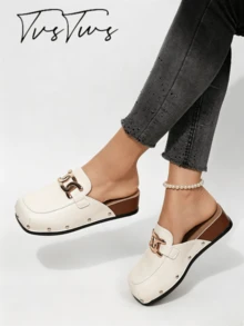 European Style Rivet Square Toe Wedge Heel Mule Shoes, Solid Color Thick Sole Closed Toe Half-Slip Women's Outdoor Shoes - Off White - View 3