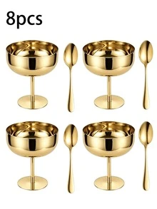 12/8/2pcs Ins Style Premium Gold Stainless Steel Dessert Cup With Spoon Set, European Vintage High-Foot Ice Cream Bowl, Stackable For Easy Storage, Party Dessert Table Tableware - Multicolor - View 11
