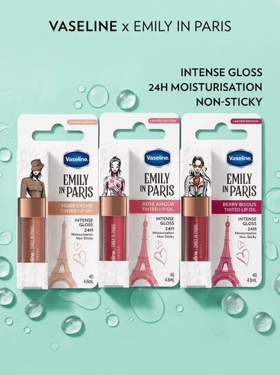 Vaseline Emily In Paris Tinted Lip Oil (Nude Crème, Rose Amour, Berry Bisous) Trio Set – Lip Oil, 24H Moisturization, For Women, Rose, Nude CrèMe, Suitable For Daily Lip Care