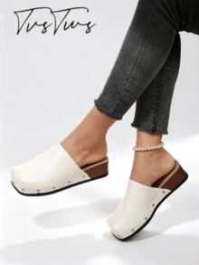 European Style Rivet Square Toe Wedge Mule Shoes, Solid Color Thick Sole Closed Toe Half Slip-On Women's Outdoor Shoes - Off White - View 3