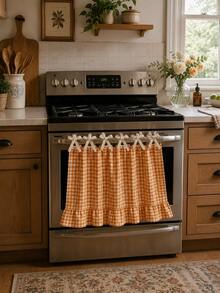 Plaid Ruffled Oven Door Curtain, Farmhouse Style Checkered Stove Handle Curtain With Tie Rope, Country Style Scalloped Edge Kitchen Decor Curtain, Washable Small Window Curtain, Suitable For Oven, Cabinet, Open Cabinet And Small Window, Farmhouse Style Kitchen Home Decor - Ruffled Edge - View 5