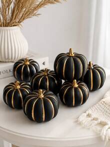 6pcs/3pcs Black Gold Pumpkin Decor, Artificial Pumpkins For Halloween Decorations, Fall Harvest Pumpkin Decorations, For Halloween Party Decorations, Mantel Shelf Table Centerpiece Home Decor - Black and Gold Faux Pumpkin - View 5