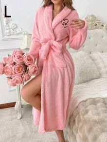 Women's Plush Heart Embroidered Robe, Soft And Comfortable Autumn/Winter Loungewear, Cream Color Plush Bathrobe, Women's Fluffy Plush Robe - Heart Purple - View 22