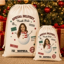 Custom Photo Christmas Drawstring Bag, Personalized Name Gift Bag, Holiday Snowman Style, Customizable Holiday Storage Bag, Customizable Christmas Gift - Apricot - View 6