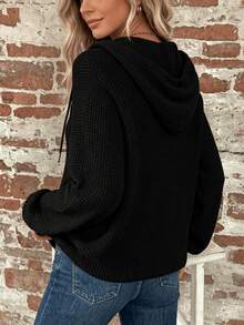 2026 Women Cropped Henley Hooded Top, Button Placket Drawstring Hood Long Sleeve Loose Fit Shirt For Daily Street Look Dating Weekend Friend Gathering - Black - View 3