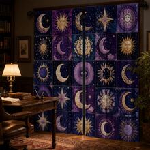 2pcs Bohemian Sun Moon Star Print Decorative Curtains, Rod Pocket Design, No Drilling Required, Easy Installation And Removable, Polyester Material, Suitable For Bedroom, Living Room And Home Decor - Multicolor - View 8