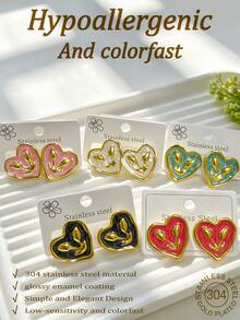 1/5 Pairs 304 Stainless Steel Oil-Drip Heart Tulip Stud Earrings, Hypoallergenic Non-Fading, Vintage Sweet Women's Commuter Accessory - Multicolor - View 1