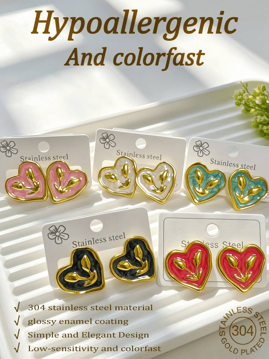 1/5 Pairs 304 Stainless Steel Oil-Drip Heart Tulip Stud Earrings, Hypoallergenic Non-Fading, Vintage Sweet Women's Commuter Accessory - Multicolor - View 1
