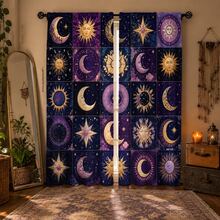 2pcs Bohemian Sun Moon Star Print Decorative Curtains, Rod Pocket Design, No Drilling Required, Easy Installation And Removable, Polyester Material, Suitable For Bedroom, Living Room And Home Decor - Multicolor - View 6