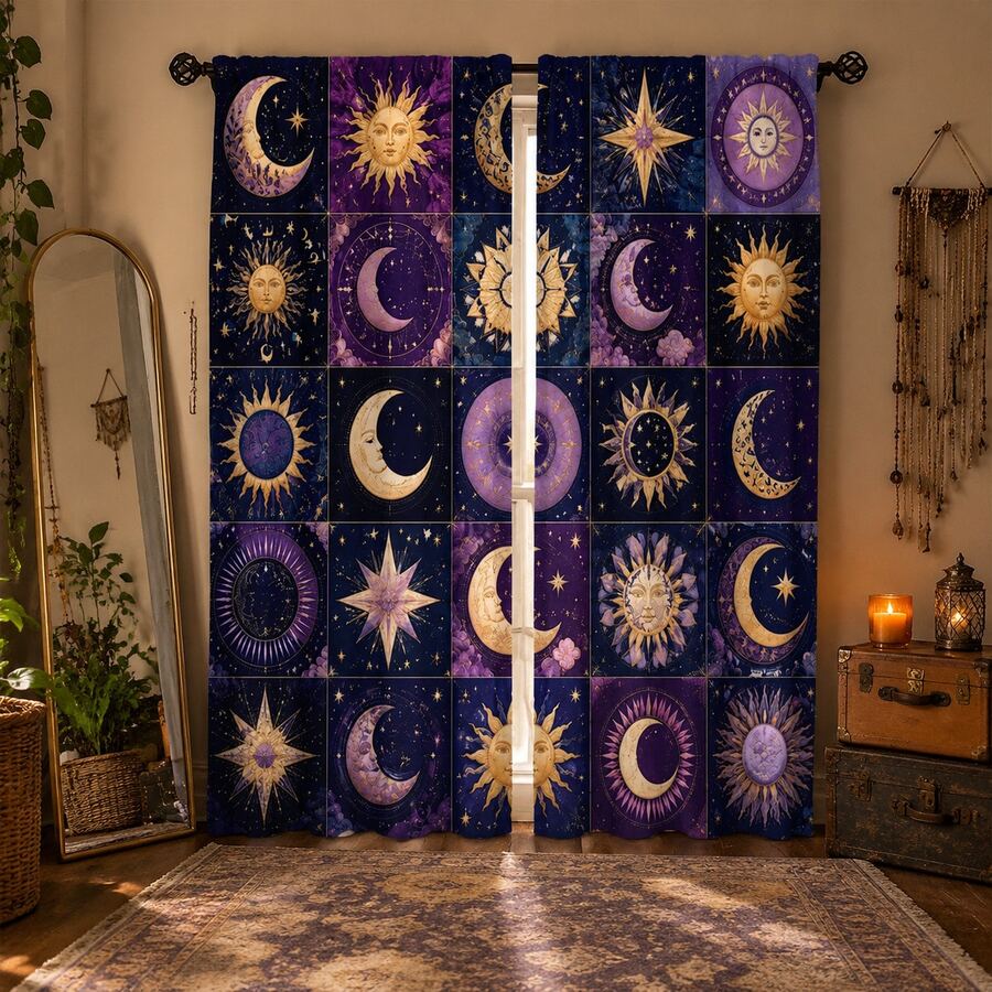 2pcs Bohemian Sun Moon Star Print Decorative Curtains, Rod Pocket Design, No Drilling Required, Easy Installation And Removable, Polyester Material, Suitable For Bedroom, Living Room And Home Decor - Multicolor - View 1
