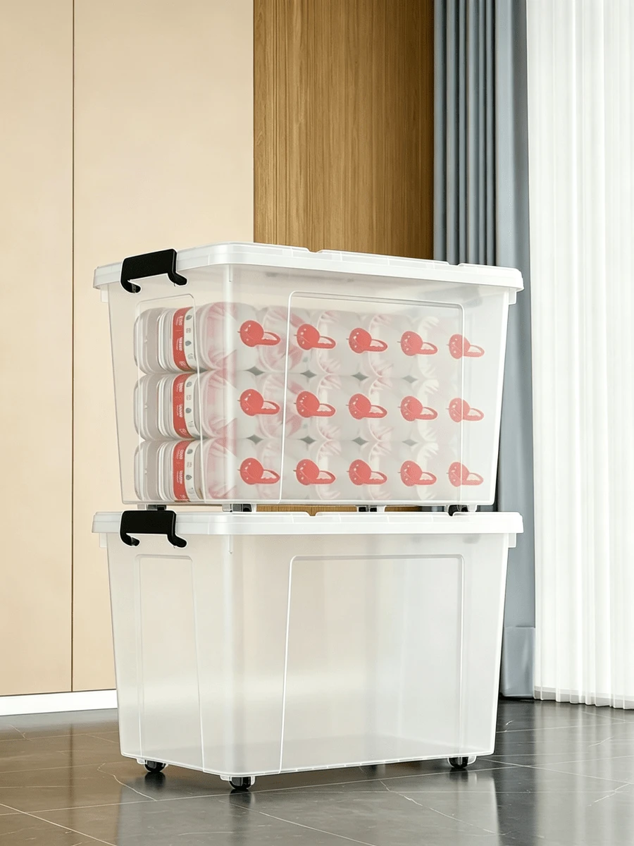 2pcs 109L Large-Capacity Storage Boxes With Wheels, Stackable Design, Sturdy And Durable, Space-Saving, With Safety Latch Lids, Available In Multiple Sizes, Suitable For Home, Storage Rooms, Offices, Garages, Transparent Tool Storage Boxes - Multiple Specifications - View 1