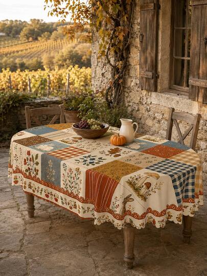 1pc Autumn Forest Animal Patchwork Style Tablecloth, Squirrel Mushroom Floral Plaid Print Dining Tablecloth, Vintage Country Cottage Style Desktop Decor, Suitable For Thanksgiving Gathering, Autumn Home And Kitchen Dining Room Decoration