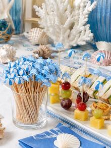 100pcs Blue Dolphin And Beach Ball Cocktail Picks, Bamboo Appetizer Picks, Fruit Picks, Dessert Sticks, Cupcake Decor Picks, Suitable For Ocean Theme Birthday, Summer Pool Party, Beach Party, Hawaiian Luau Party, Table Decoration - Dolphin Beach Ball Bamboo Sticks - View 11