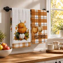 2pcs Pumpkin & Maple Leaf Print Kitchen Towels, Autumn Pastoral Style Hand Towels, Suitable For Thanksgiving, Autumn Kitchen Decor, Harvest Celebration, Farm Theme Decoration, Baking & Cooking And Daily Home Use - Multicolor - View 3
